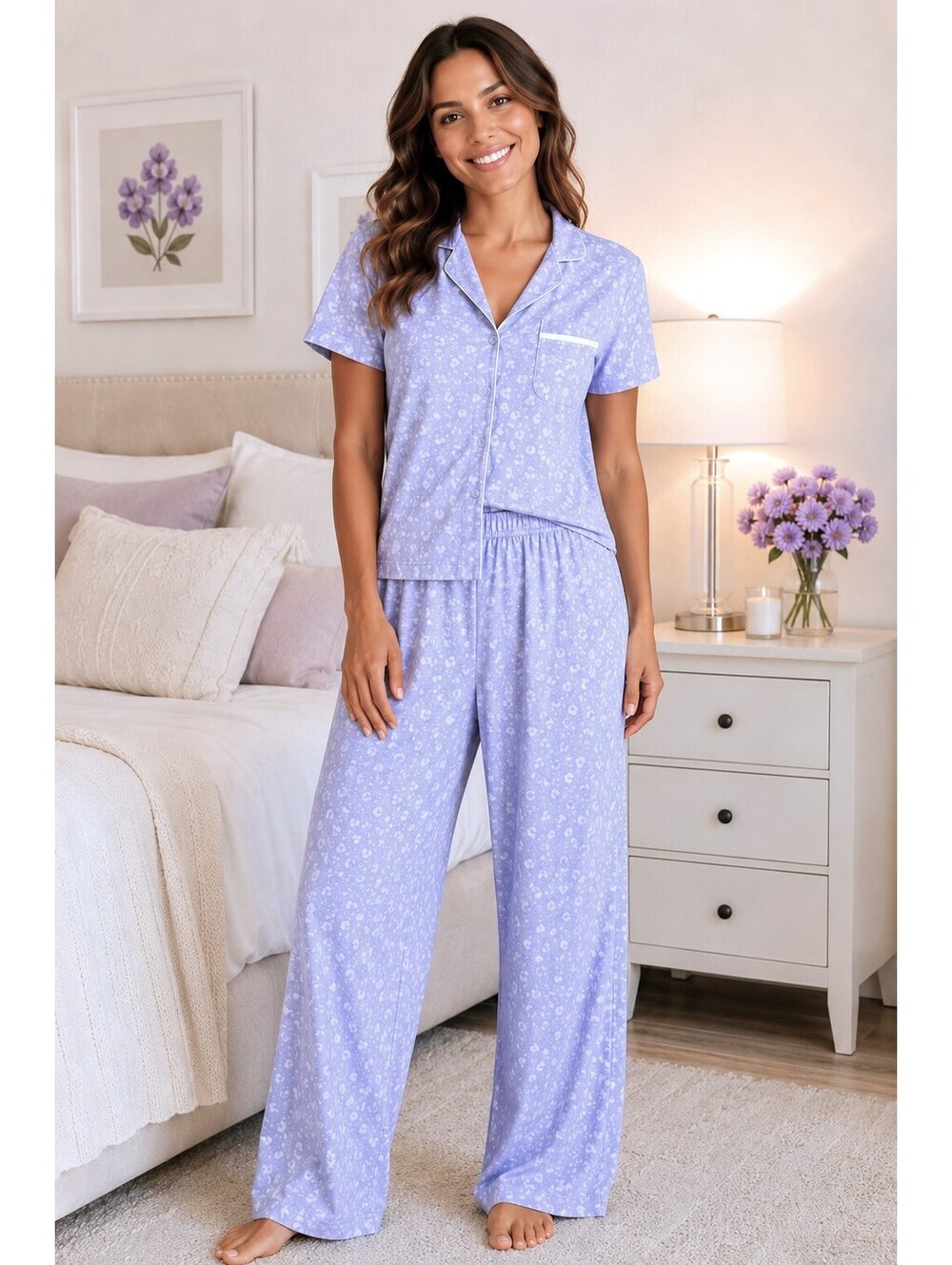 Splendid Heart Print Pajama Set Soft Cozy Lounge Sleepwear Cute Purple Medium